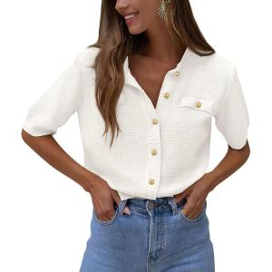 imagePRETTYGARDEN Womens Summer Button Down Shirts Casual Short Sleeve Crew Neck Ribbed Knit Blouse Top CardigansWhite