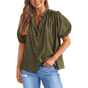 imagePRETTYGARDEN Womens Summer Button Down Shirts Short Lantern Sleeve V Neck Cotton Cute Dressy Casual Ladies Tops BlousesArmy Green