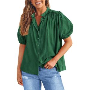 imagePRETTYGARDEN Womens Summer Button Down Shirts Short Lantern Sleeve V Neck Cotton Cute Dressy Casual Ladies Tops BlousesDark Green