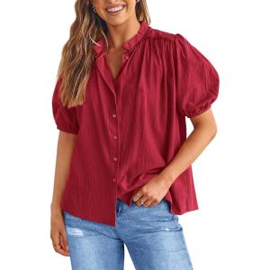imagePRETTYGARDEN Womens Summer Button Down Shirts Short Lantern Sleeve V Neck Cotton Cute Dressy Casual Ladies Tops BlousesDark Red