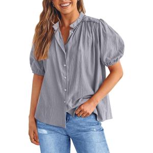 imagePRETTYGARDEN Womens Summer Button Down Shirts Short Lantern Sleeve V Neck Cotton Cute Dressy Casual Ladies Tops BlousesGrey