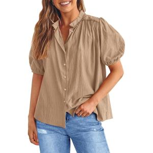 imagePRETTYGARDEN Womens Summer Button Down Shirts Short Lantern Sleeve V Neck Cotton Cute Dressy Casual Ladies Tops BlousesKhaki