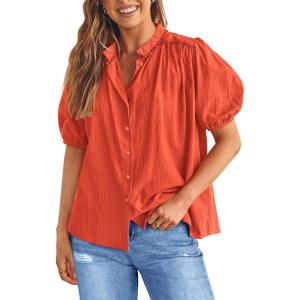 imagePRETTYGARDEN Womens Summer Button Down Shirts Short Lantern Sleeve V Neck Cotton Cute Dressy Casual Ladies Tops BlousesOrange