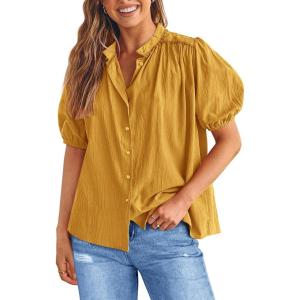 imagePRETTYGARDEN Womens Summer Button Down Shirts Short Lantern Sleeve V Neck Cotton Cute Dressy Casual Ladies Tops BlousesTurmeric
