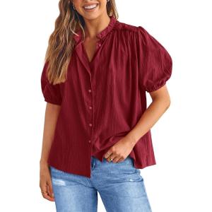 imagePRETTYGARDEN Womens Summer Button Down Shirts Short Lantern Sleeve V Neck Cotton Cute Dressy Casual Ladies Tops BlousesWine Red