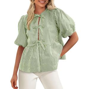 imagePRETTYGARDEN Womens Tie Front Striped Shirt 2025 Summer Trendy Fashion Cute Babydoll Tops Peplum Puffy Sleeve BlouseArmy Green