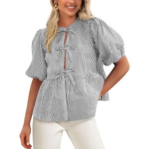 imagePRETTYGARDEN Womens Tie Front Striped Shirt 2025 Summer Trendy Fashion Cute Babydoll Tops Peplum Puffy Sleeve BlouseBlack
