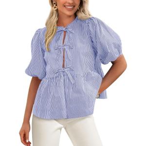 imagePRETTYGARDEN Womens Tie Front Striped Shirt 2025 Summer Trendy Fashion Cute Babydoll Tops Peplum Puffy Sleeve BlouseBlue