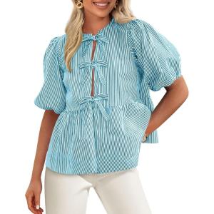 imagePRETTYGARDEN Womens Tie Front Striped Shirt 2025 Summer Trendy Fashion Cute Babydoll Tops Peplum Puffy Sleeve BlouseBlue Green