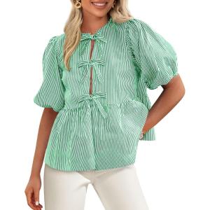 imagePRETTYGARDEN Womens Tie Front Striped Shirt 2025 Summer Trendy Fashion Cute Babydoll Tops Peplum Puffy Sleeve BlouseGreen