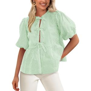 imagePRETTYGARDEN Womens Tie Front Striped Shirt 2025 Summer Trendy Fashion Cute Babydoll Tops Peplum Puffy Sleeve BlouseLight Green