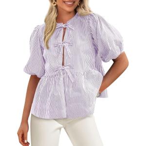 imagePRETTYGARDEN Womens Tie Front Striped Shirt 2025 Summer Trendy Fashion Cute Babydoll Tops Peplum Puffy Sleeve BlouseLight Purple