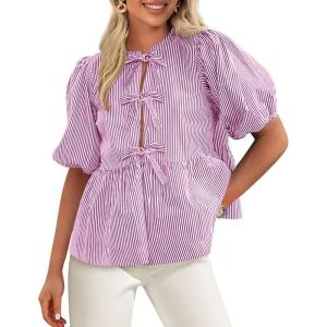 imagePRETTYGARDEN Womens Tie Front Striped Shirt 2025 Summer Trendy Fashion Cute Babydoll Tops Peplum Puffy Sleeve BlousePurple Red