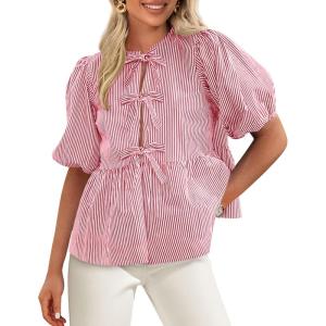 imagePRETTYGARDEN Womens Tie Front Striped Shirt 2025 Summer Trendy Fashion Cute Babydoll Tops Peplum Puffy Sleeve BlouseRed