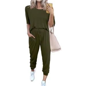 imagePRETTYGARDEN Womens Two Piece Sets 2025 Summer Spring Jogger Pants Travel Vacation Lounge Outfits Airplane Matching ClothesArmy Green