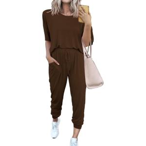 imagePRETTYGARDEN Womens Two Piece Sets 2025 Summer Spring Jogger Pants Travel Vacation Lounge Outfits Airplane Matching ClothesBrown