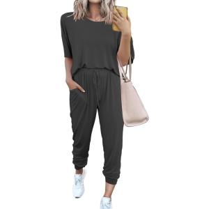 imagePRETTYGARDEN Womens Two Piece Sets 2025 Summer Spring Jogger Pants Travel Vacation Lounge Outfits Airplane Matching ClothesDark Grey