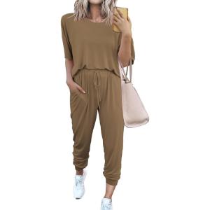 imagePRETTYGARDEN Womens Two Piece Sets 2025 Summer Spring Jogger Pants Travel Vacation Lounge Outfits Airplane Matching ClothesDark Khaki