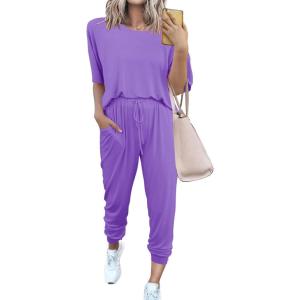 imagePRETTYGARDEN Womens Two Piece Sets 2025 Summer Spring Jogger Pants Travel Vacation Lounge Outfits Airplane Matching ClothesLight Purple