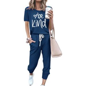 imagePRETTYGARDEN Womens Two Piece Sets 2025 Summer Spring Jogger Pants Travel Vacation Lounge Outfits Airplane Matching ClothesPrint Dark Blue