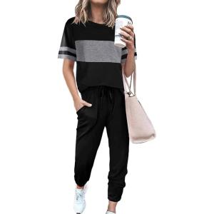 imagePRETTYGARDEN Womens Two Piece Sets 2025 Summer Spring Jogger Pants Travel Vacation Lounge Outfits Airplane Matching ClothesStriped Black