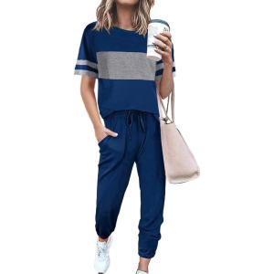 imagePRETTYGARDEN Womens Two Piece Sets 2025 Summer Spring Jogger Pants Travel Vacation Lounge Outfits Airplane Matching ClothesStriped Bright Blue
