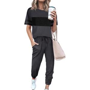 imagePRETTYGARDEN Womens Two Piece Sets 2025 Summer Spring Jogger Pants Travel Vacation Lounge Outfits Airplane Matching ClothesStriped Dark Grey