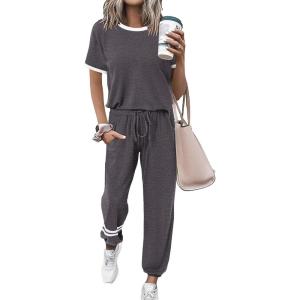 imagePRETTYGARDEN Womens Two Piece Sets 2025 Summer Spring Jogger Pants Travel Vacation Lounge Outfits Airplane Matching ClothesStripes Grey