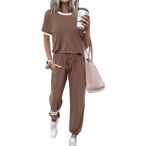imagePRETTYGARDEN Womens Two Piece Sets 2025 Summer Spring Jogger Pants Travel Vacation Lounge Outfits Airplane Matching ClothesStripes Khaki