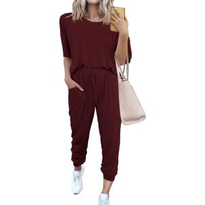 imagePRETTYGARDEN Womens Two Piece Sets 2025 Summer Spring Jogger Pants Travel Vacation Lounge Outfits Airplane Matching ClothesWine Red
