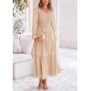 imagePRETTYGARDEN Fall Dresses for Women 2025 Casual Long Sleeve V Neck Smocked A Line Long Flowy Wedding Guest DressApricot