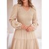 imagePRETTYGARDEN Fall Dresses for Women 2025 Casual Long Sleeve V Neck Smocked A Line Long Flowy Wedding Guest DressApricot