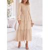 imagePRETTYGARDEN Fall Dresses for Women 2025 Casual Long Sleeve V Neck Smocked A Line Long Flowy Wedding Guest DressApricot