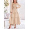 imagePRETTYGARDEN Fall Dresses for Women 2025 Casual Long Sleeve V Neck Smocked A Line Long Flowy Wedding Guest DressApricot