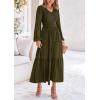 imagePRETTYGARDEN Fall Dresses for Women 2025 Casual Long Sleeve V Neck Smocked A Line Long Flowy Wedding Guest DressArmy Green