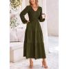 imagePRETTYGARDEN Fall Dresses for Women 2025 Casual Long Sleeve V Neck Smocked A Line Long Flowy Wedding Guest DressArmy Green
