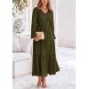 imagePRETTYGARDEN Fall Dresses for Women 2025 Casual Long Sleeve V Neck Smocked A Line Long Flowy Wedding Guest DressArmy Green