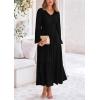 imagePRETTYGARDEN Fall Dresses for Women 2025 Casual Long Sleeve V Neck Smocked A Line Long Flowy Wedding Guest DressBlack