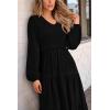 imagePRETTYGARDEN Fall Dresses for Women 2025 Casual Long Sleeve V Neck Smocked A Line Long Flowy Wedding Guest DressBlack
