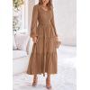 imagePRETTYGARDEN Fall Dresses for Women 2025 Casual Long Sleeve V Neck Smocked A Line Long Flowy Wedding Guest DressKhaki