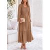 imagePRETTYGARDEN Fall Dresses for Women 2025 Casual Long Sleeve V Neck Smocked A Line Long Flowy Wedding Guest DressKhaki