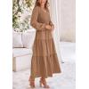 imagePRETTYGARDEN Fall Dresses for Women 2025 Casual Long Sleeve V Neck Smocked A Line Long Flowy Wedding Guest DressKhaki