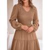 imagePRETTYGARDEN Fall Dresses for Women 2025 Casual Long Sleeve V Neck Smocked A Line Long Flowy Wedding Guest DressKhaki
