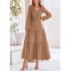 imagePRETTYGARDEN Fall Dresses for Women 2025 Casual Long Sleeve V Neck Smocked A Line Long Flowy Wedding Guest DressKhaki