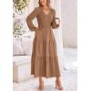 imagePRETTYGARDEN Fall Dresses for Women 2025 Casual Long Sleeve V Neck Smocked A Line Long Flowy Wedding Guest DressKhaki