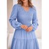 imagePRETTYGARDEN Fall Dresses for Women 2025 Casual Long Sleeve V Neck Smocked A Line Long Flowy Wedding Guest DressLight Blue