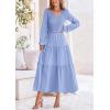imagePRETTYGARDEN Fall Dresses for Women 2025 Casual Long Sleeve V Neck Smocked A Line Long Flowy Wedding Guest DressLight Blue