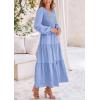 imagePRETTYGARDEN Fall Dresses for Women 2025 Casual Long Sleeve V Neck Smocked A Line Long Flowy Wedding Guest DressLight Blue