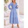 imagePRETTYGARDEN Fall Dresses for Women 2025 Casual Long Sleeve V Neck Smocked A Line Long Flowy Wedding Guest DressLight Blue