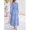 imagePRETTYGARDEN Fall Dresses for Women 2025 Casual Long Sleeve V Neck Smocked A Line Long Flowy Wedding Guest DressLight Blue